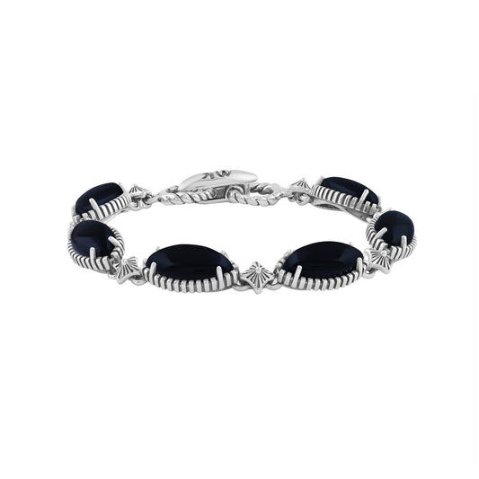  Sterling Silver Black Onyx Marquise Cut Link Bracelet