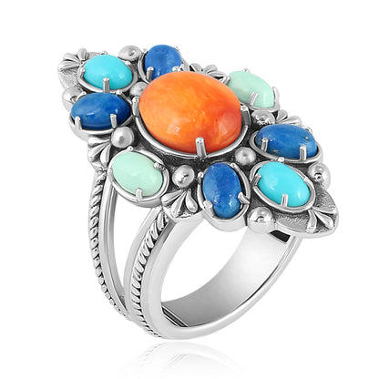 Sterling Silver Spiny Oyster, Denim Lapis,Turquoise and Varcite Santa Fe Sunrise Cluster Ring, Size 7 and 8