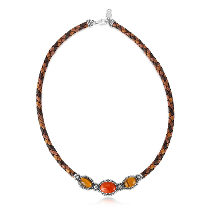 Sterling Silver Red Jasper and Tiger's Eye Brown Tonal Braided Leather 3-Stone Necklace