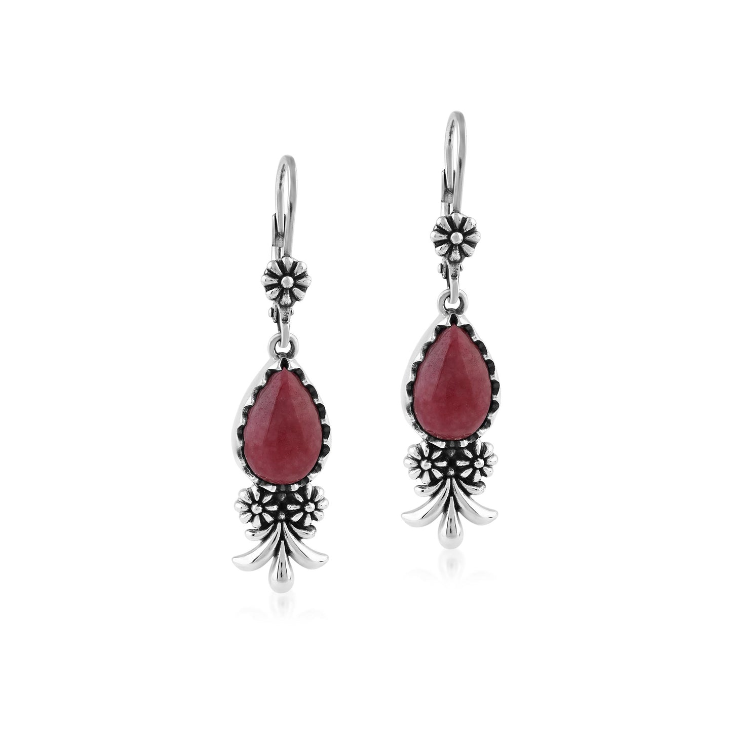  Sterling Silver Rhodonite Teardrop Concha Squash Blossom Dangle Earrings