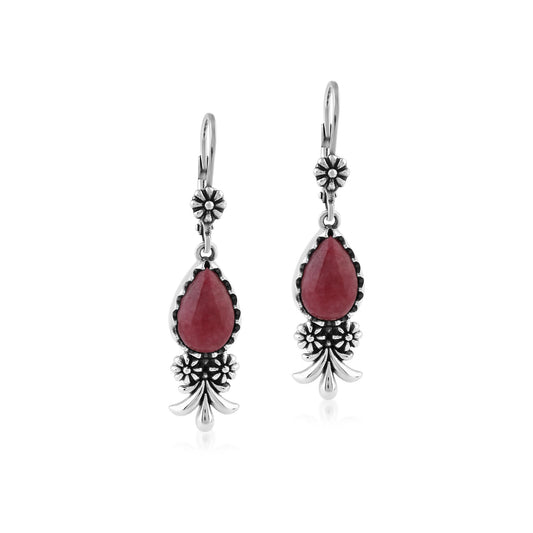  Sterling Silver Rhodonite Teardrop Concha Squash Blossom Dangle Earrings