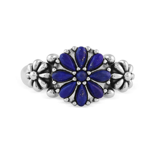 Sterling Silver Lapis Concha Flower Ring