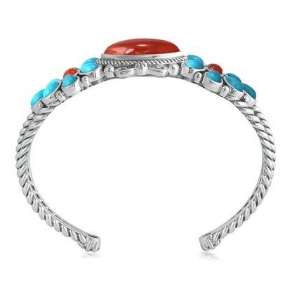 Sterling Silver Red Onyx Kingman Turquoise Floral Cluster Cuff Bracelet