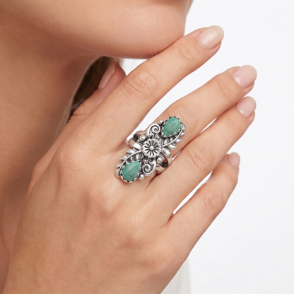Sterling Silver Green Turquoise Pear-Cut Leaf and Flower Ring