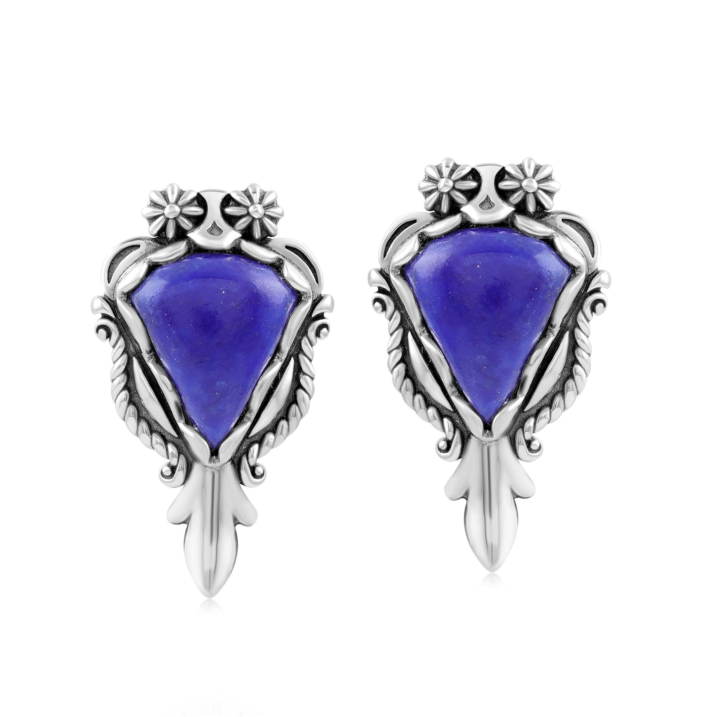 Sterling Silver Lapis Pear Gemstone Squash Blossom Earrings 