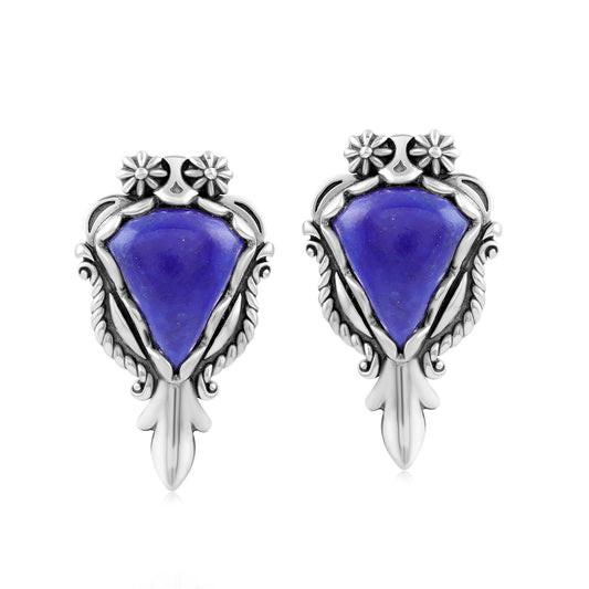 Sterling Silver Lapis Pear Gemstone Squash Blossom Earrings 