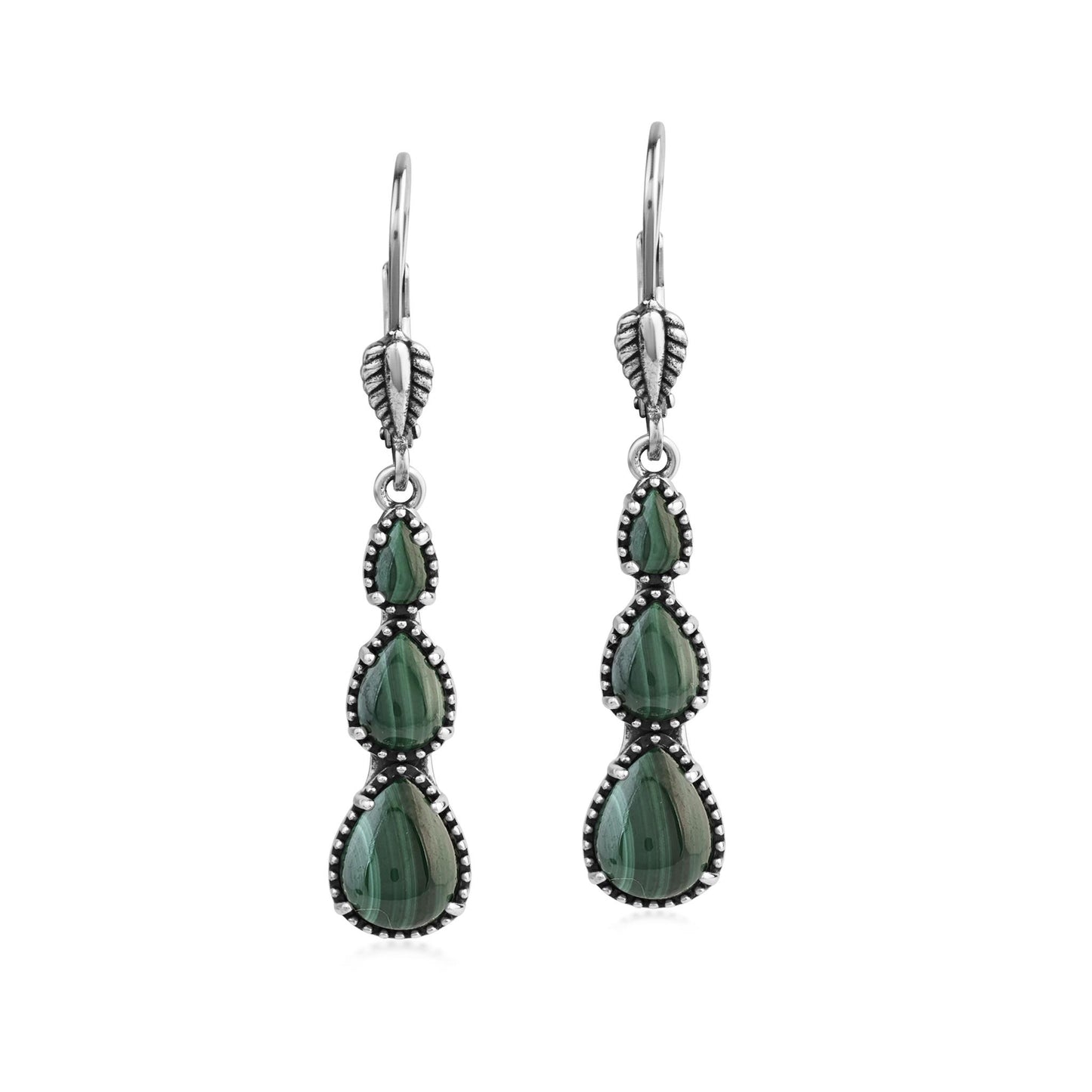  Sterling Silver Malachite 3-Pear Drop Lever Back Earrings