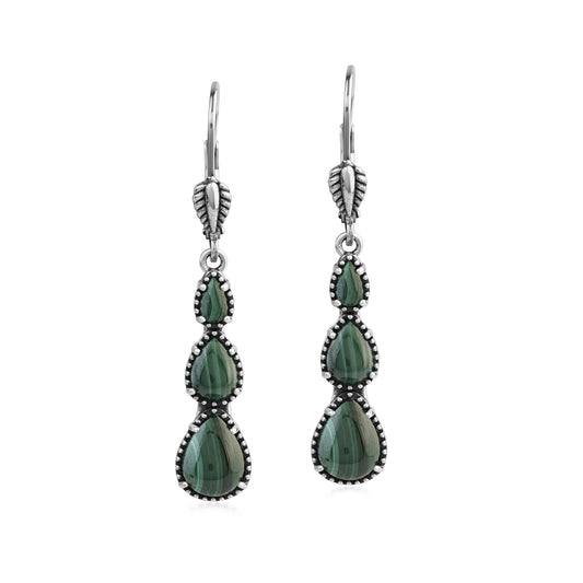  Sterling Silver Malachite 3-Pear Drop Lever Back Earrings