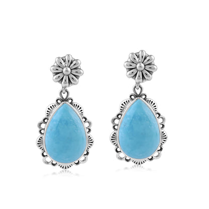  Sterling Silver Kingman Turquoise Pear-Cut Concha Dangle Earrings