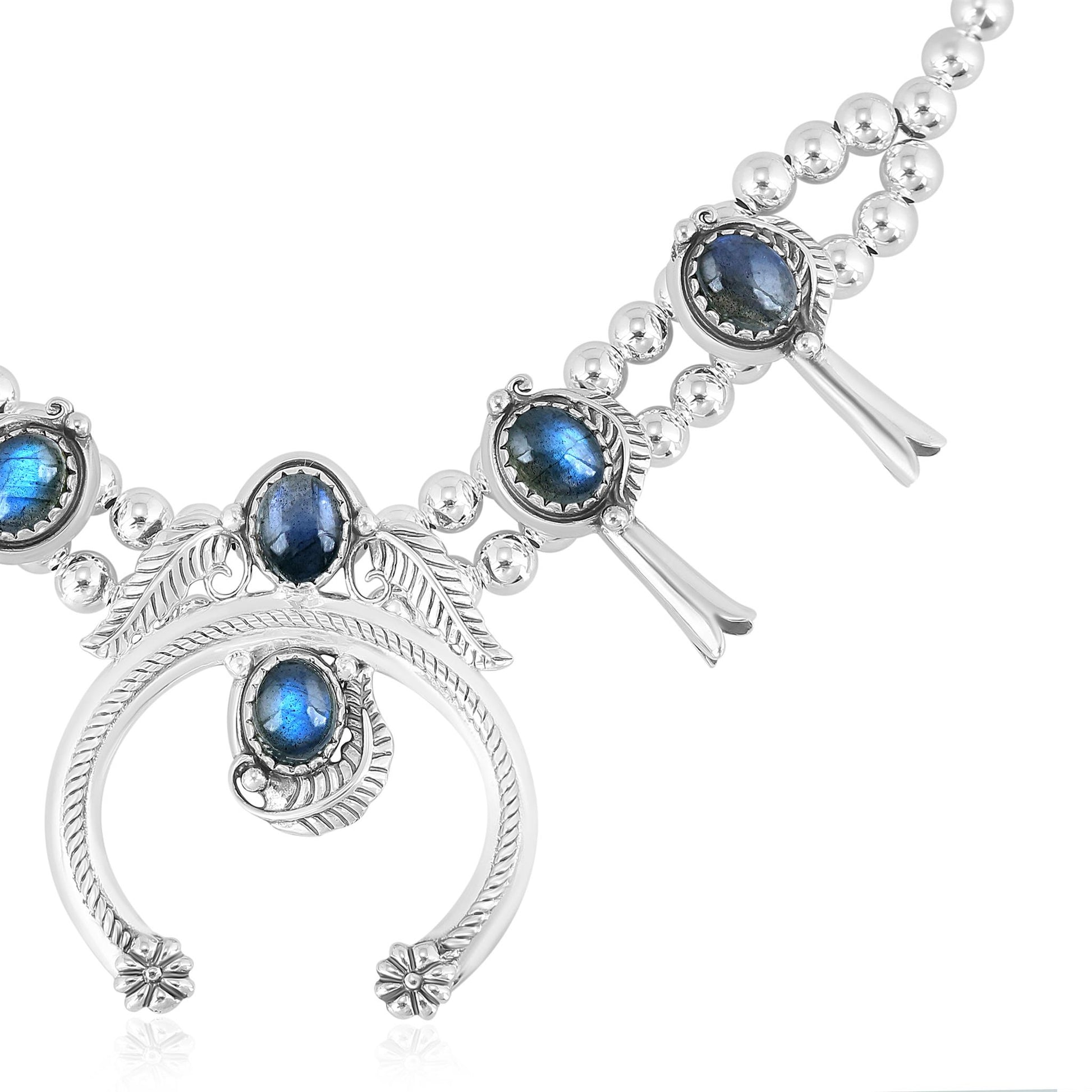 Sterling Silver Labradorite Squash Blossom Necklace 17 to 20 Inches