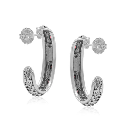 Sterling Silver Rhodonite Patterned J-Hoop 1 Inch Earrings 