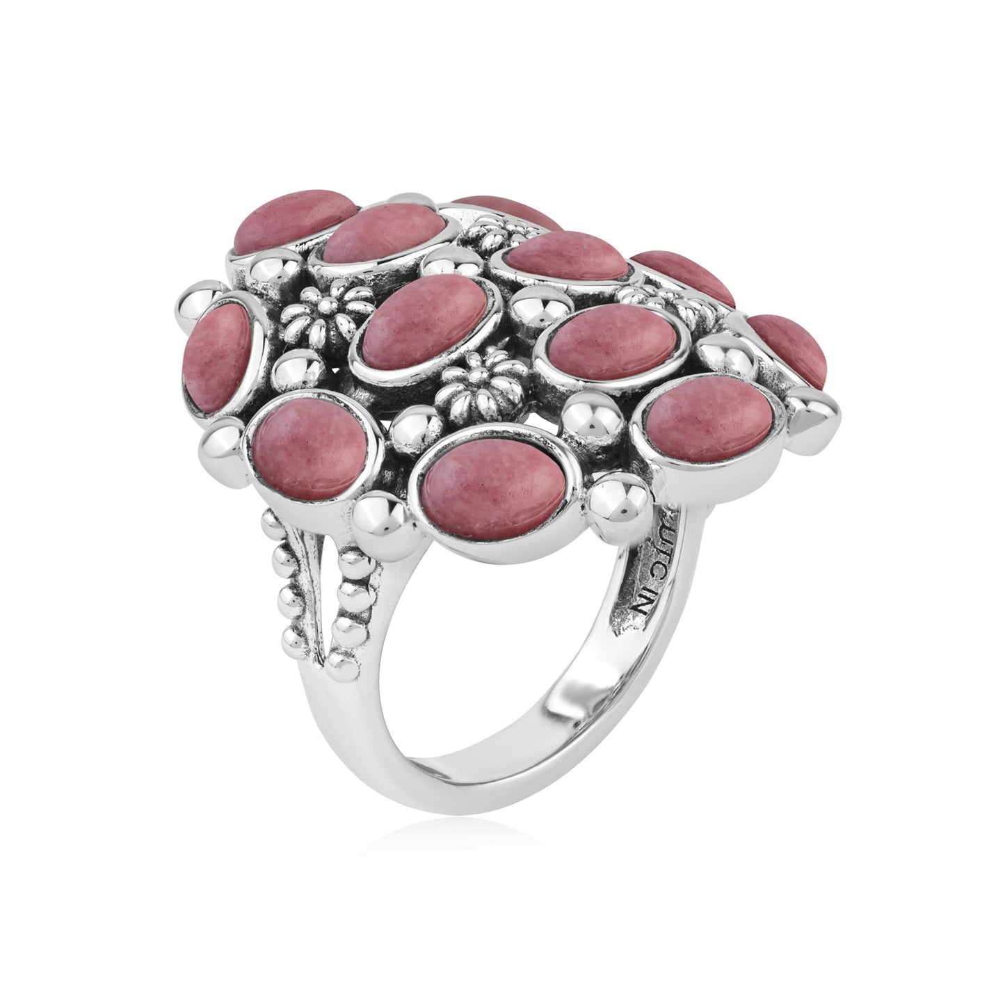  Sterling Silver Rhodonite Oval 12-Stone Cluster Ring