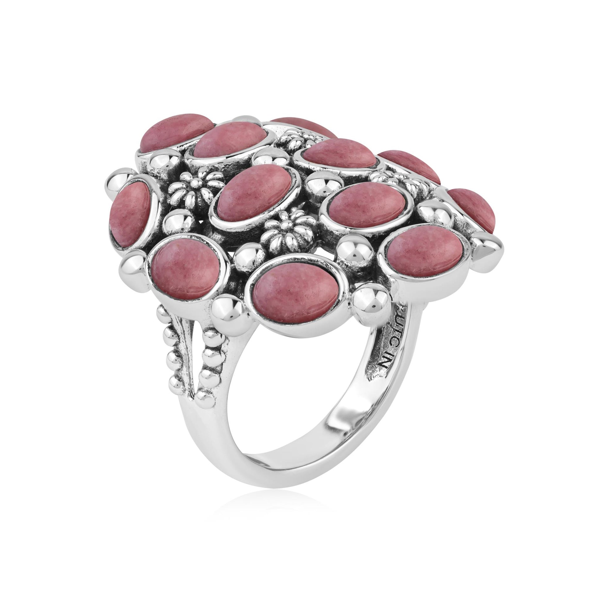  Sterling Silver Rhodonite Oval 12-Stone Cluster Ring