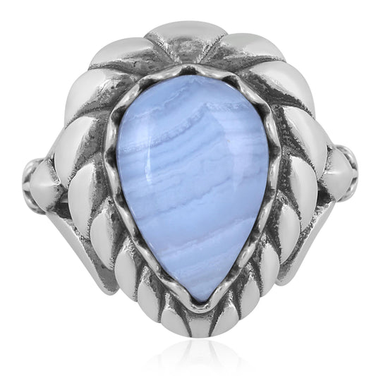 Sterling Silver Blue Lace Agate Pear Cut Rope Ring