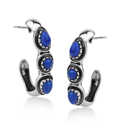 Sterling Silver Lapis Pear and Round Cut Hoop Earrings