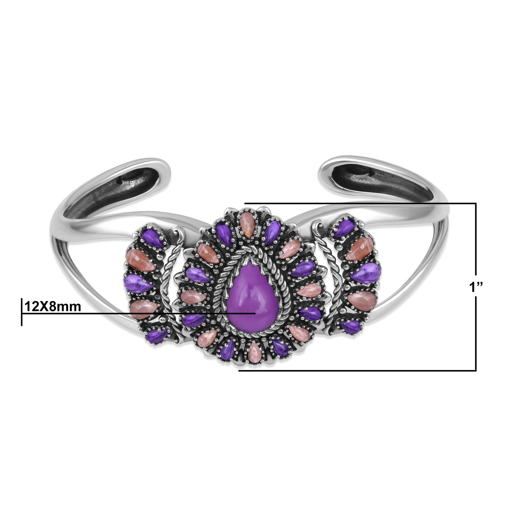 Sterling Silver Phosphosiderite, Rhodochrosite and Amethyst Pear-Shaped Cluster Cuff Bracelet