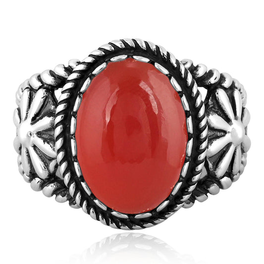 Sterling Silver Red Onyx Concha Flower Design Ring, Sizes 5 to 10