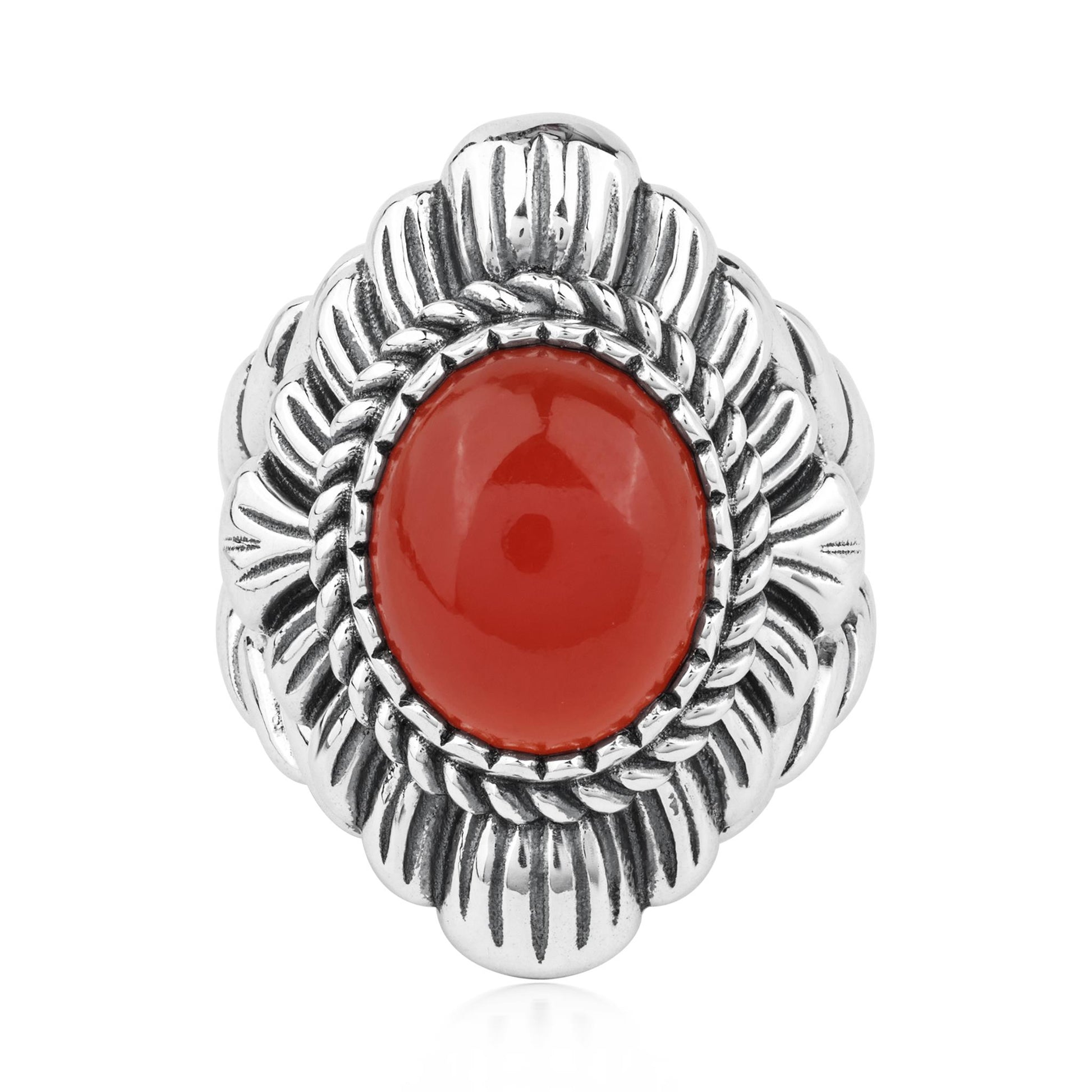 Sterling Silver Red Onyx Oval-Cut Rope Scallop Design Ring