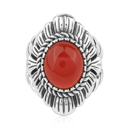 Sterling Silver Red Onyx Oval-Cut Rope Scallop Design Ring