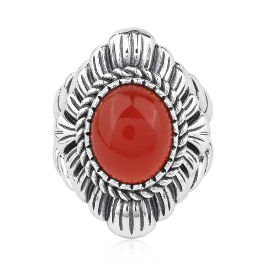Sterling Silver Red Onyx Oval-Cut Rope Scallop Design Ring