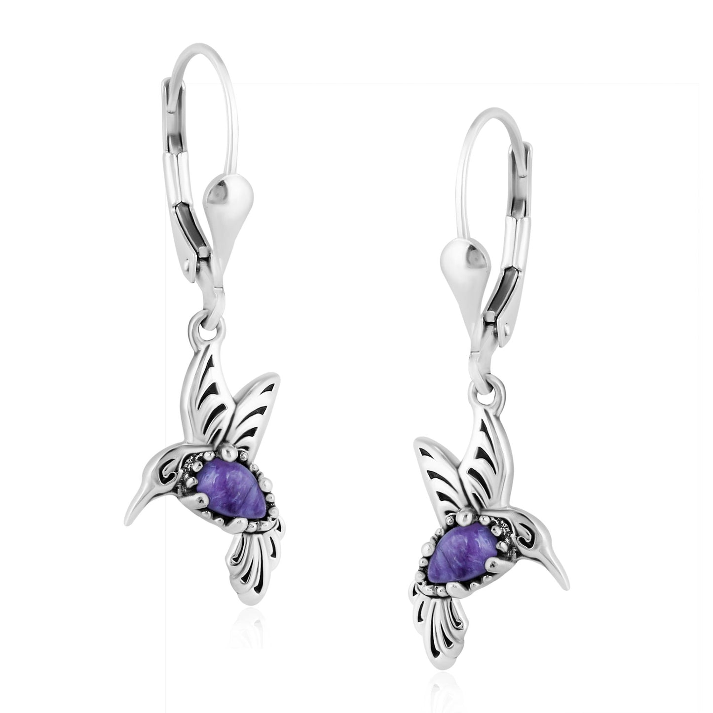 EXCLUSIVELY OURS! Sterling Silver Charoite Hummingbird Dangle Earrings