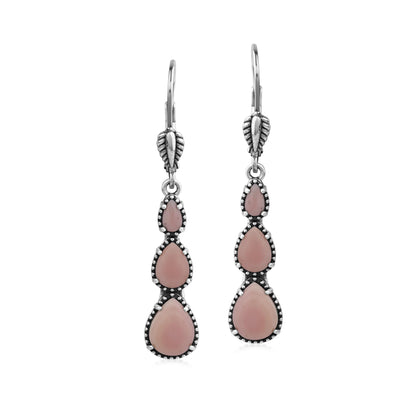 Sterling Silver Pink Concha Shell 3-Pear Drop Lever Back Earrings