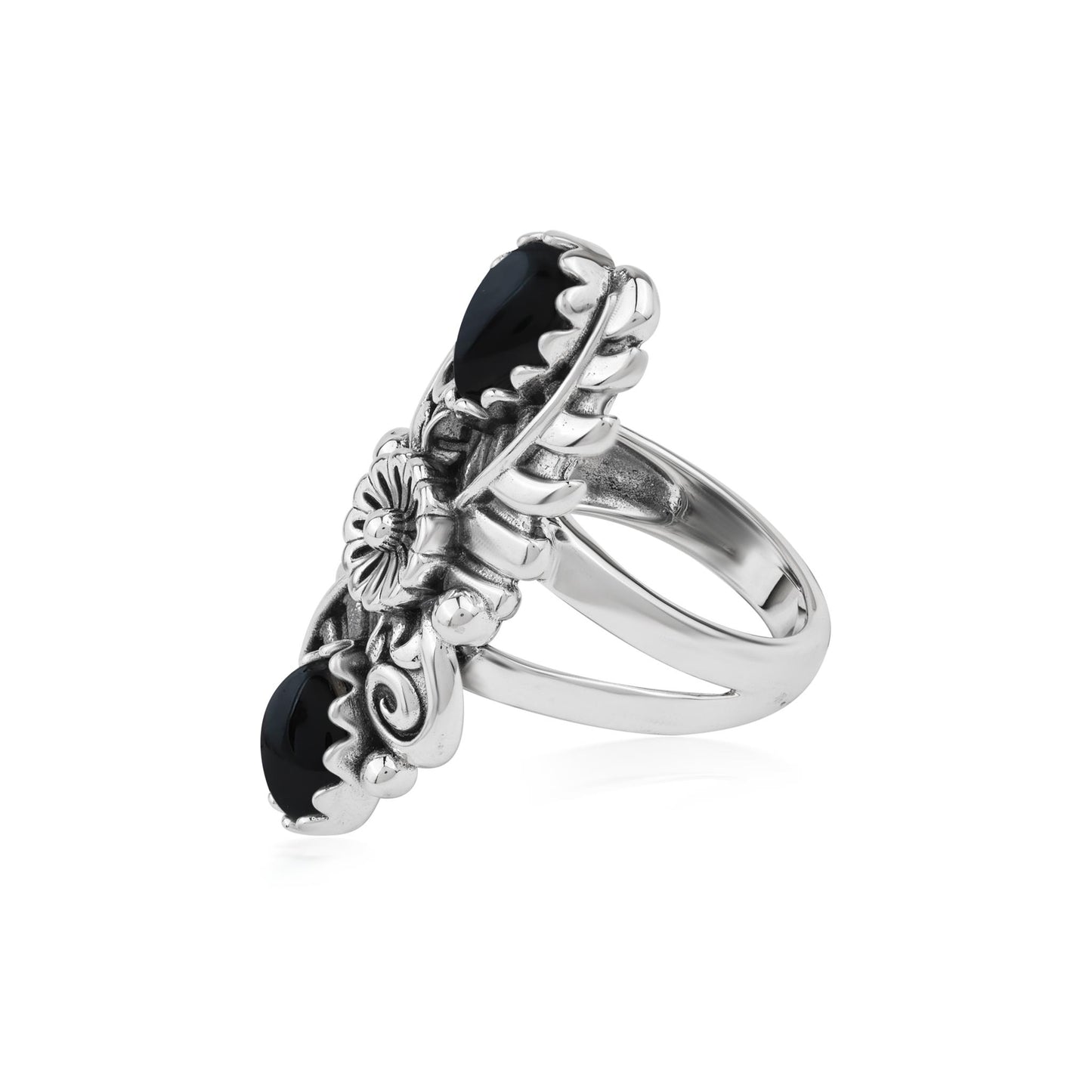  Sterling Silver Black Onyx Pear-Cut Leaf and Flower Ring 