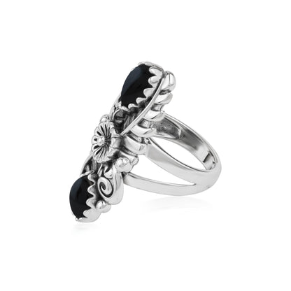  Sterling Silver Black Onyx Pear-Cut Leaf and Flower Ring 