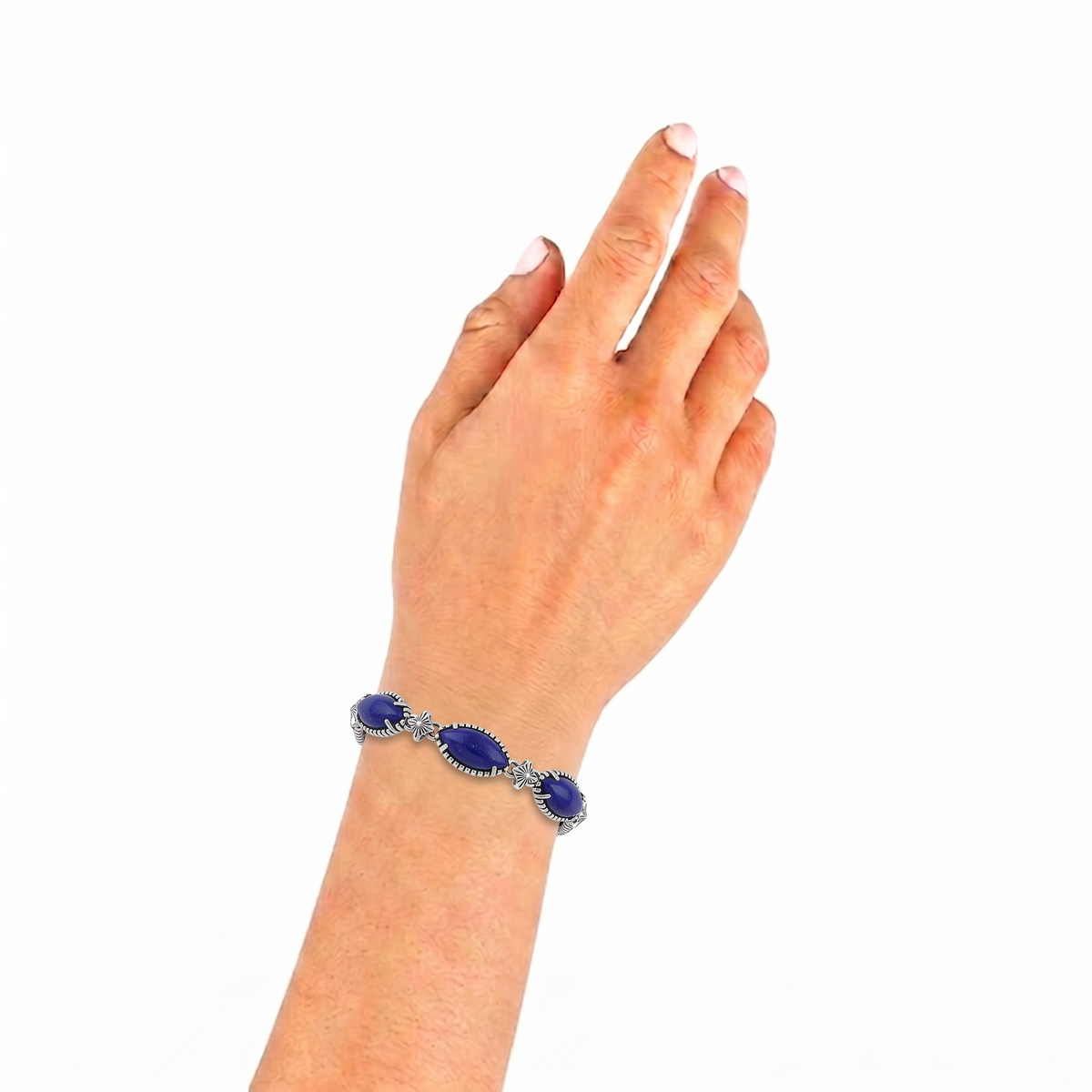 Sterling Silver Lapis Marquise Cut Link Bracelet, Sizes Small to Large