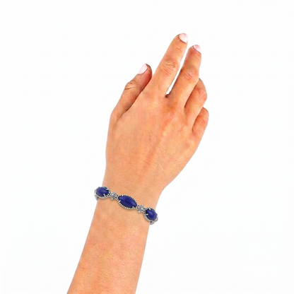 Sterling Silver Lapis Marquise Cut Link Bracelet, Sizes Small to Large