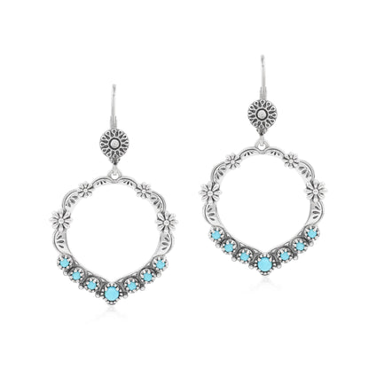 Sterling Silver Sleeping Beauty Turquoise Open Hoop Concha Lever Back Earrings