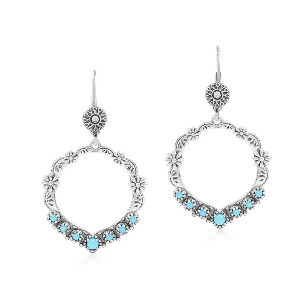 Sterling Silver Sleeping Beauty Turquoise Open Hoop Concha Lever Back Earrings
