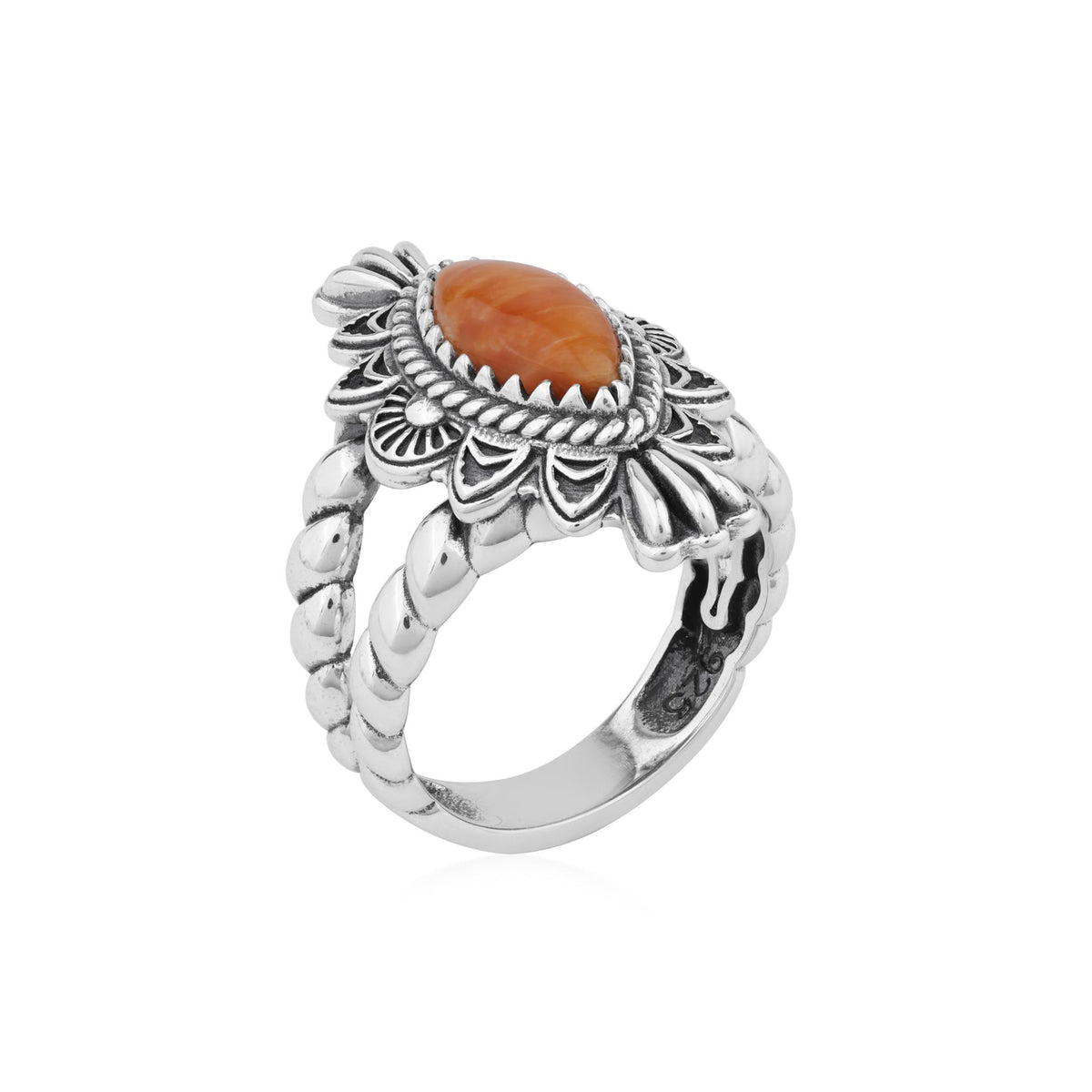 Sterling Silver Orange Spiny Oyster Marquise Rope Ring, Sizes 5 to 10