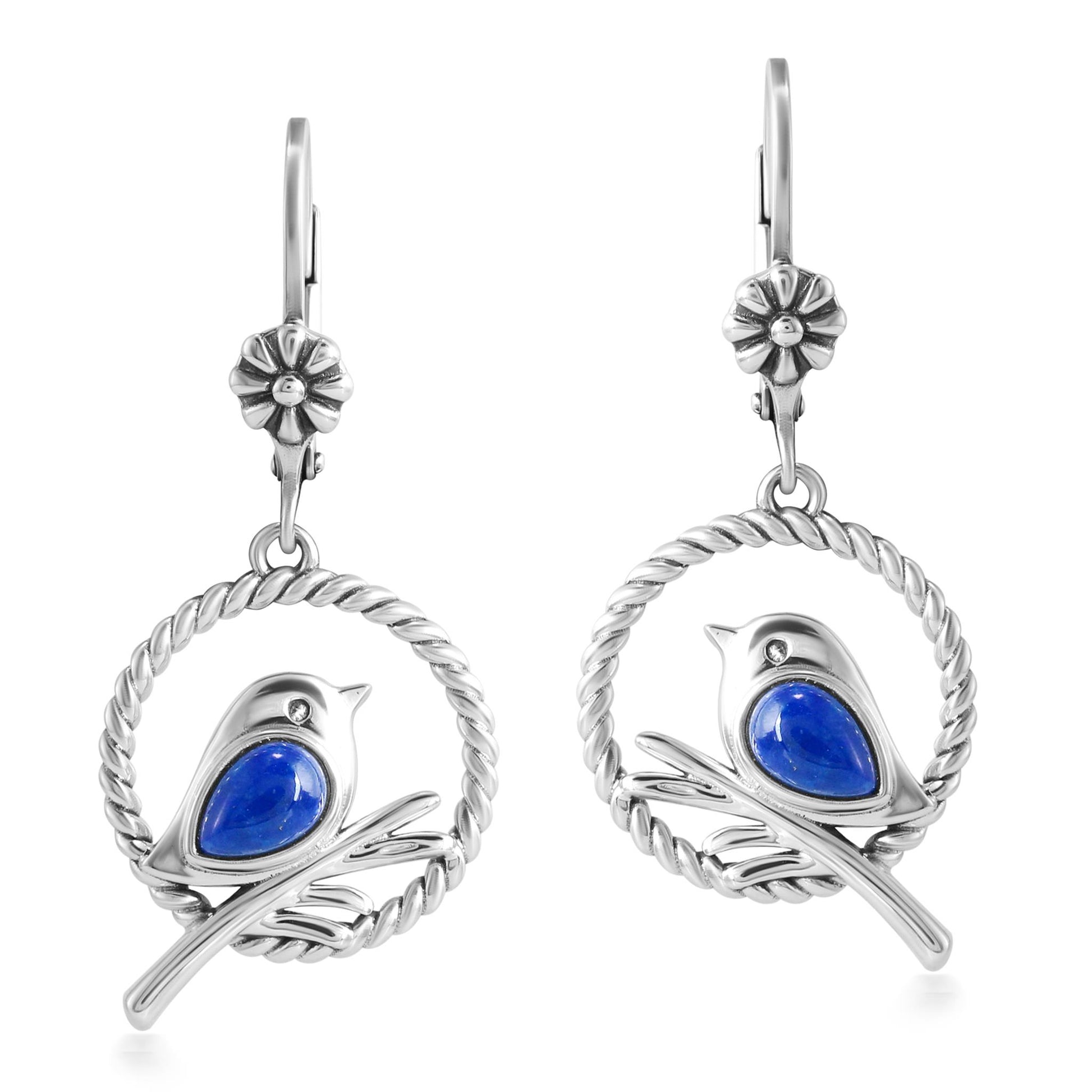 EXCLUSIVELY OURS! Sterling Silver Lapis Bird and Branch Open Circle Dangle Earrings