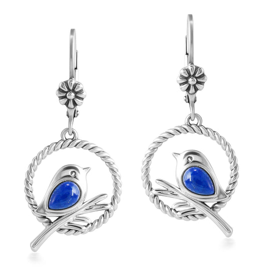 EXCLUSIVELY OURS! Sterling Silver Lapis Bird and Branch Open Circle Dangle Earrings