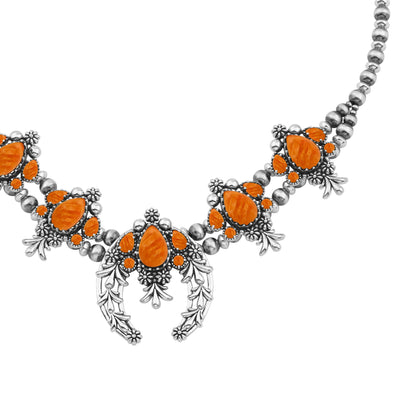 LIMITED EDITION! Sterling Silver Orange Spiny Oyster Pear Cut Squash Blossom Naja Necklace, 17 to 20 Inches