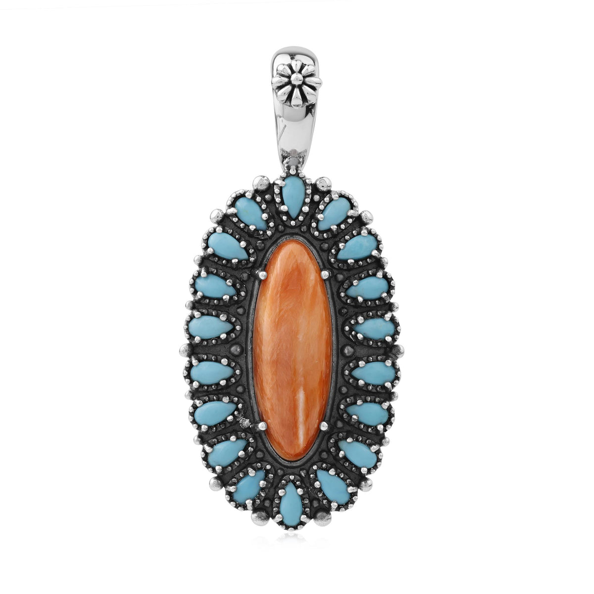 Sterling Silver Orange Spiny Oyster Kingman Turquoise Petit Point Oval and Pear Pendant Enhancer 