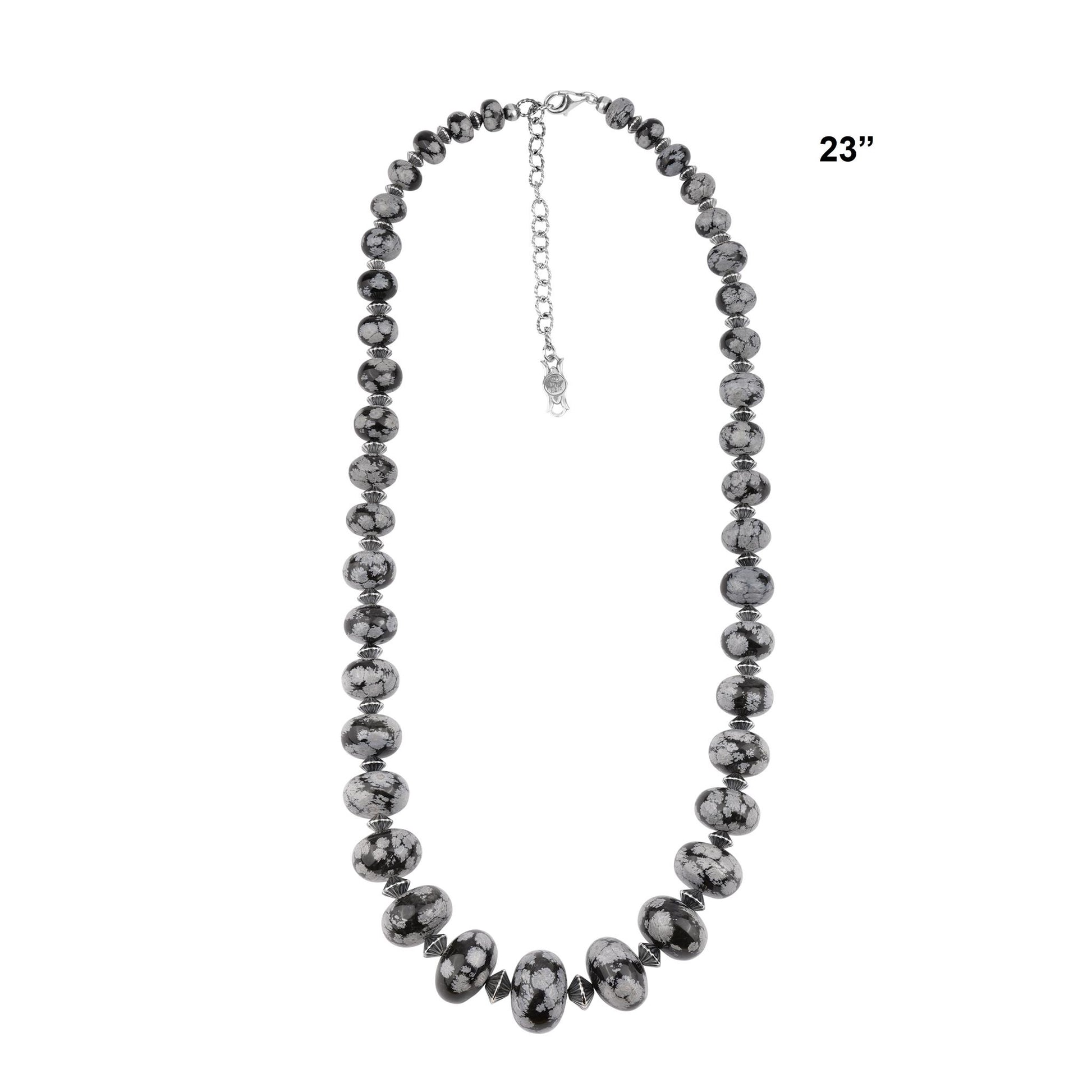 Sterling Silver Snowflake Obsidian Graduated Rondelle Bead Chunky Necklace