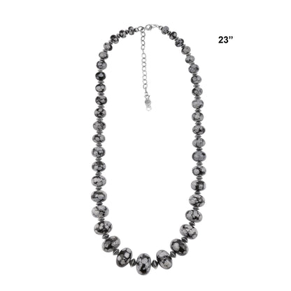Sterling Silver Snowflake Obsidian Graduated Rondelle Bead Chunky Necklace