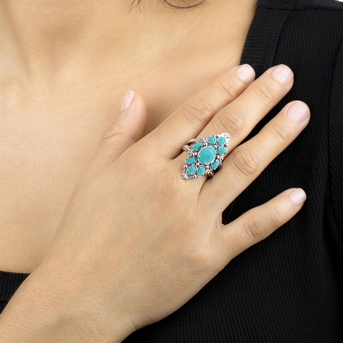 Sterling Silver Kingman Turquoise Santa Fe Cluster Ring