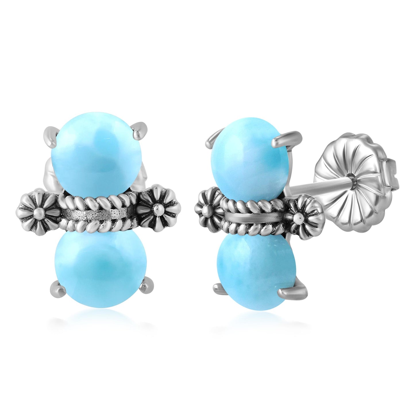 Sterling Silver Round Larimar Concha Stud Earrings 