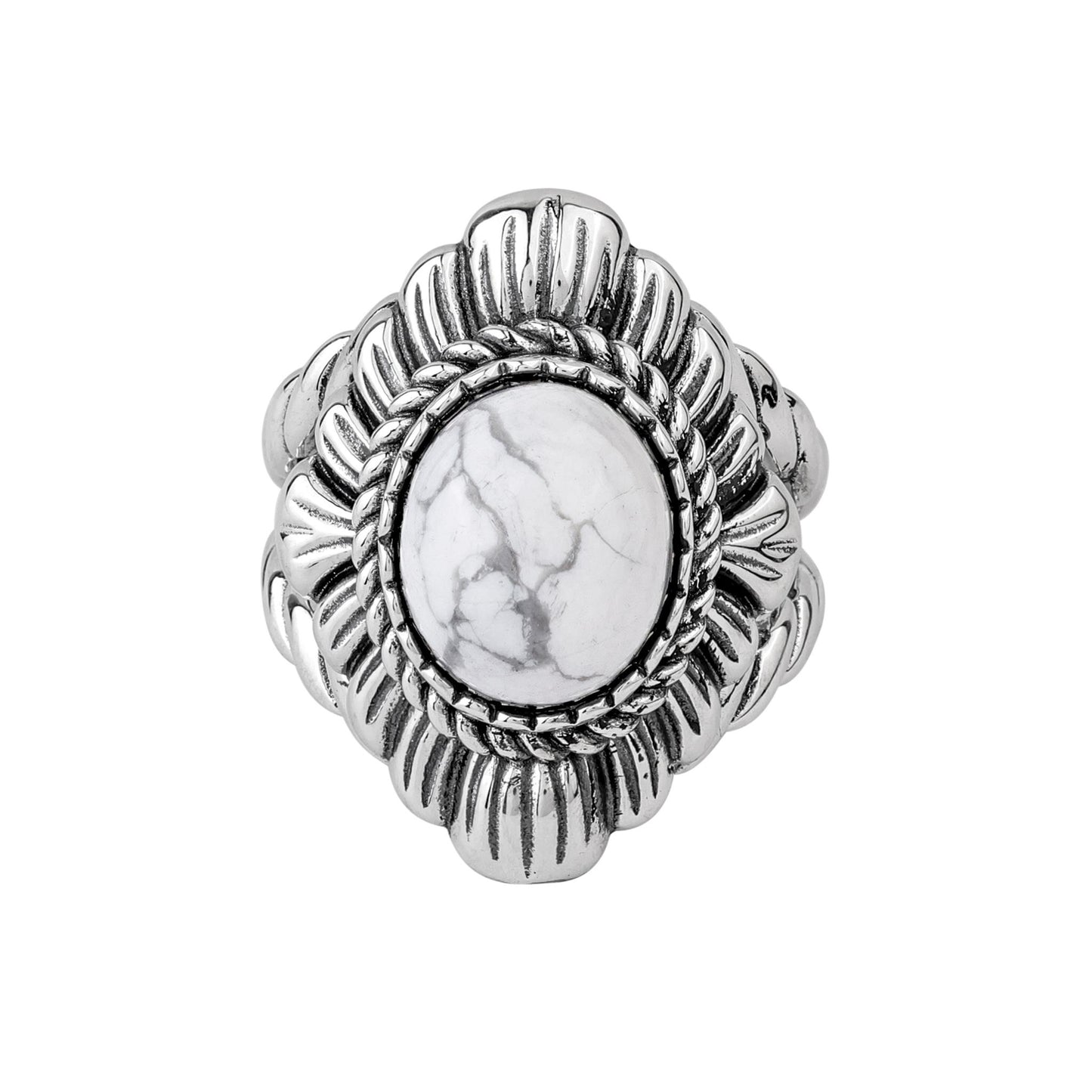Sterling Silver White Howlite Oval-Cut Rope Scallop Design Ring