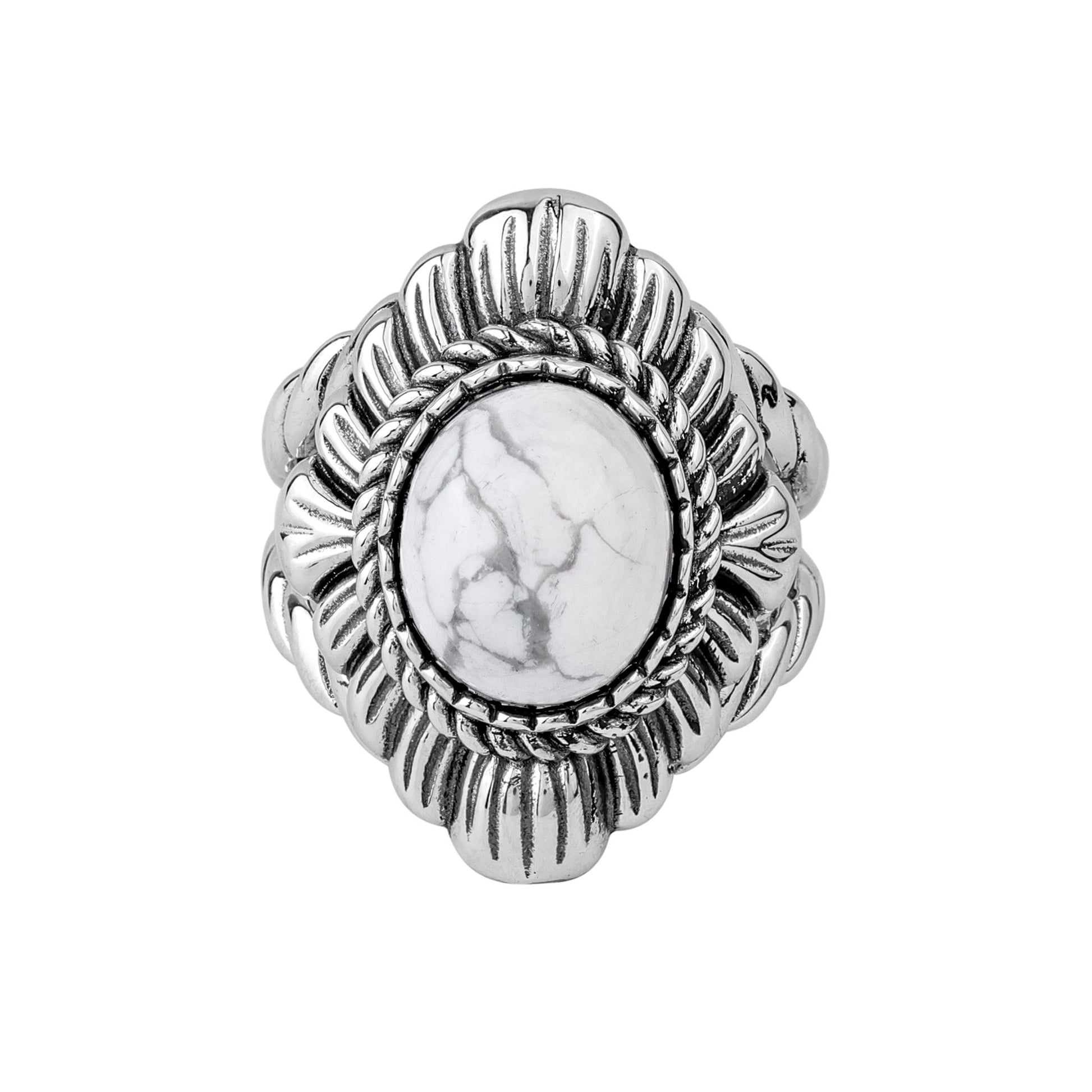 Sterling Silver White Howlite Oval-Cut Rope Scallop Design Ring
