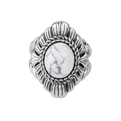 Sterling Silver White Howlite Oval-Cut Rope Scallop Design Ring