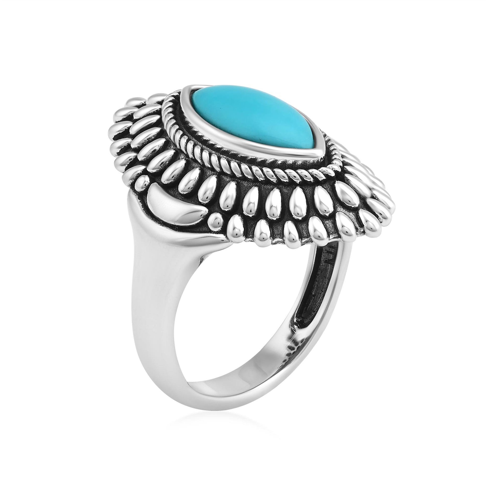 Sterling Silver Sleeping Beauty Turquoise Marquise Cut Rope and Bead Ring