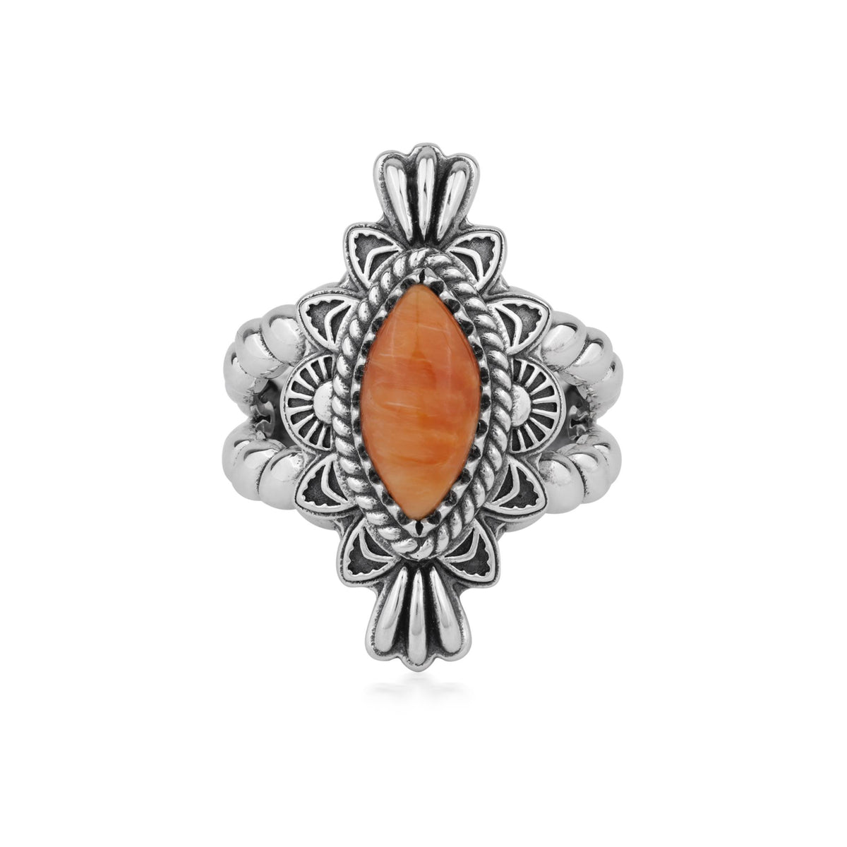 Sterling Silver Orange Spiny Oyster Marquise Rope Ring, Sizes 5 to 10