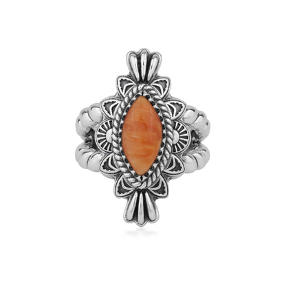 Sterling Silver Orange Spiny Oyster Marquise Rope Ring, Sizes 5 to 10