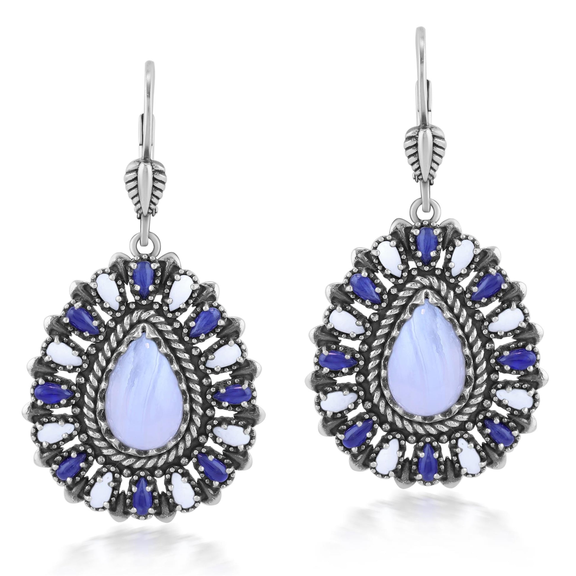 Sterling Silver Blue Lace Agate, Sodalite, and White Agate Cluster Pear Shaped Dangle Earrings