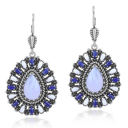Sterling Silver Blue Lace Agate, Sodalite, and White Agate Cluster Pear Shaped Dangle Earrings