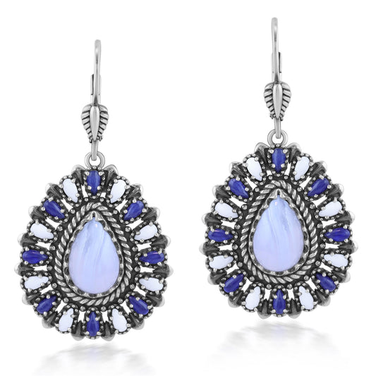 Sterling Silver Blue Lace Agate, Sodalite, and White Agate Cluster Pear Shaped Dangle Earrings